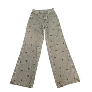 PACSUN PLAYBOY Wide Leg Black Wash All Over Embroidered Jeans 24 High Waisted